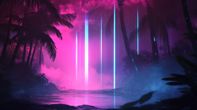 Neon Lights Tropical Night   Fantasy Beach Scene