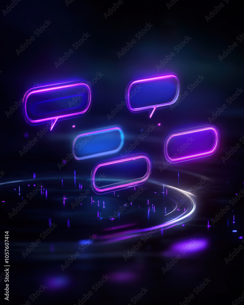 Poster a vibrant digital design featuring glowing speech bubbles in purple and blue, symbolizing communicat