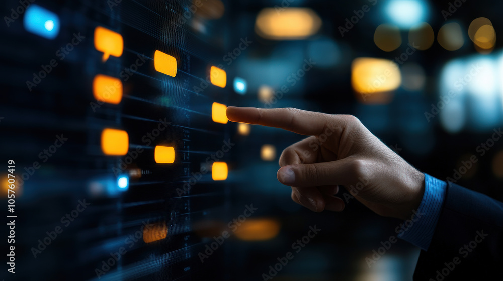 Poster a close-up of a hand interacting with a digital interface, featuring glowing buttons in a dark envir