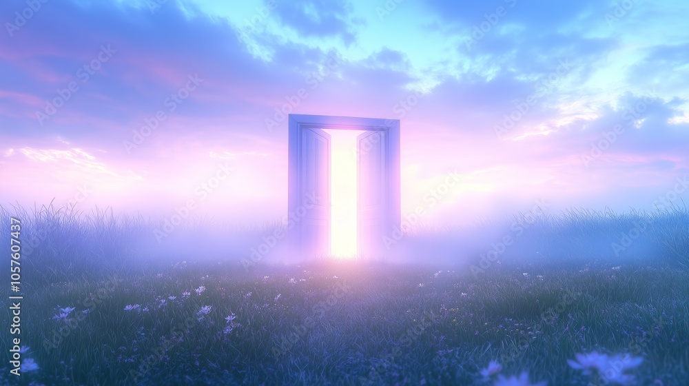 Poster ethereal scene unfolds with a glowing open door standing in a misty field, bathed in the warm light 