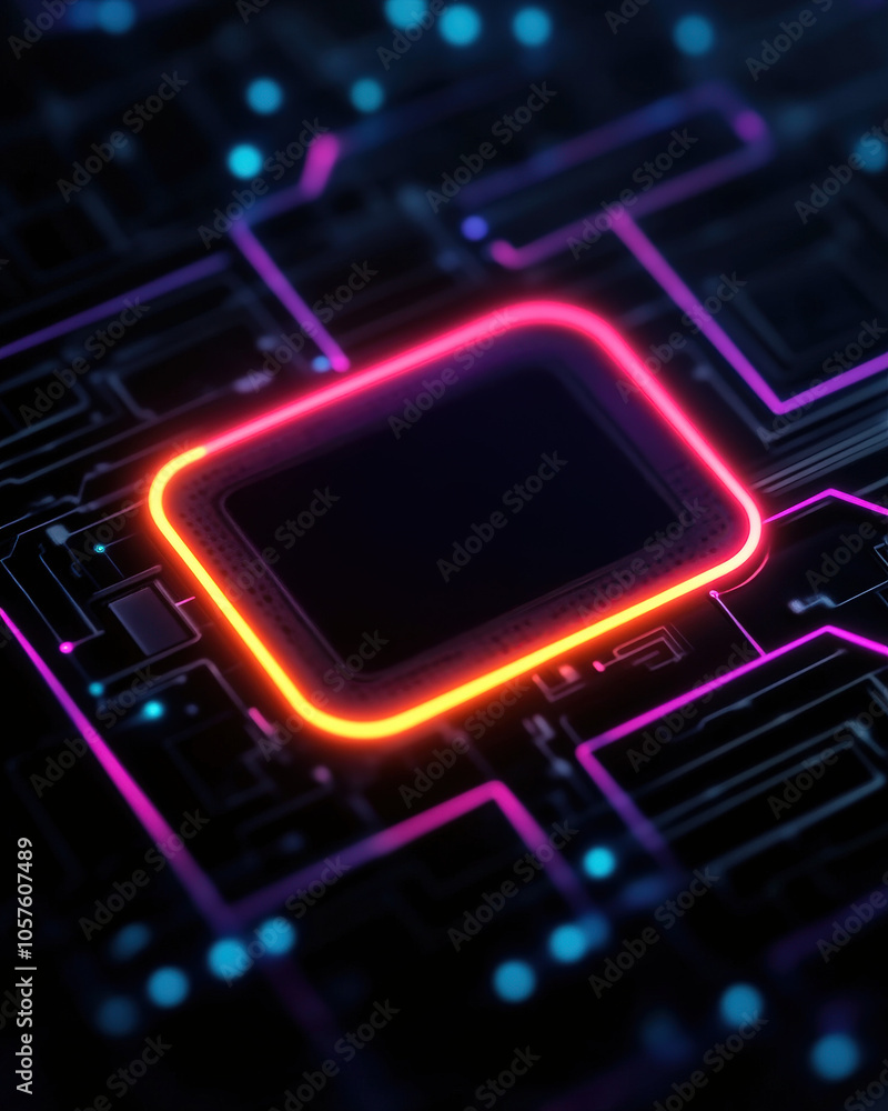 Aufkleber a vibrant, close-up view of a microchip illuminated by neon colors, showcasing intricate circuit pat