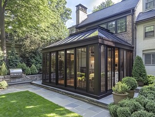 Obraz premium A modern glass conservatory attached to a stylish home, surrounded by lush greenery and a beautifully landscaped yard, showcasing elegant outdoor living.
