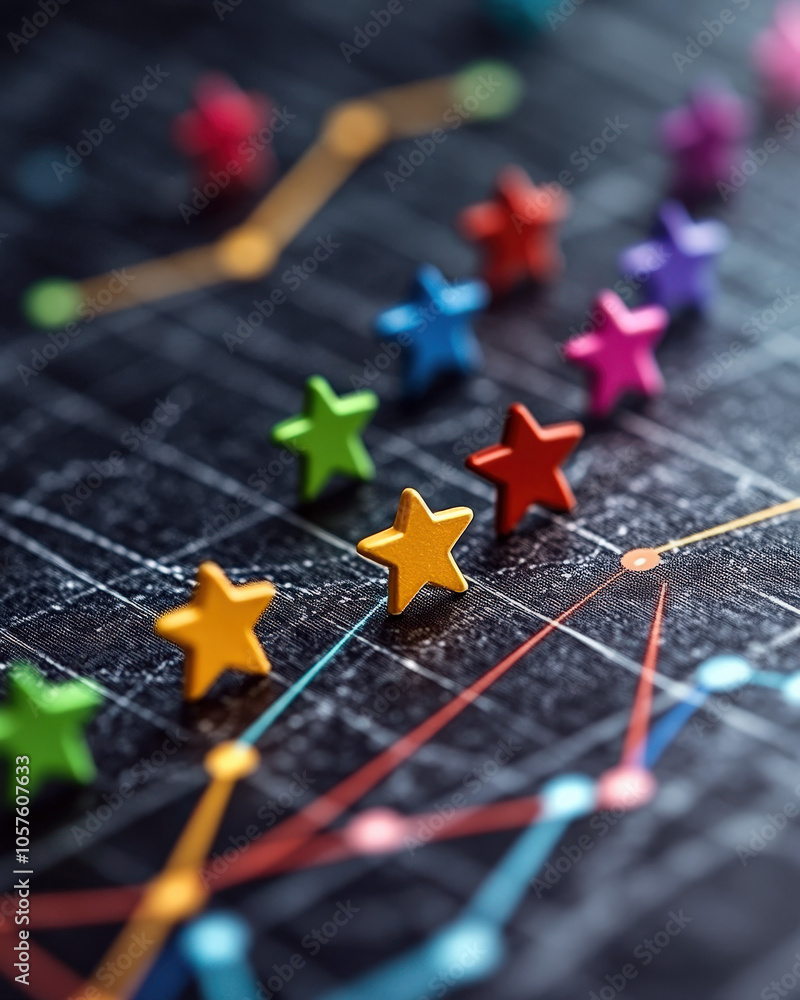 Aufkleber colorful stars placed on a graph, highlighting data points and trends in a visually engaging and str