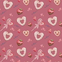 Seamless pattern with watercolor donuts, candies, cookies in the shape of heart, with strawberry in chocolate, arrows with the word “love” and small hearts on a white background, for textile, wrapping