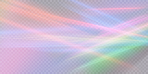 Obraz premium Rainbow light rays, lens flare, reflection effect from crystal, glass or gem. Vector realistic illustration set of light leak effect with spectrum glare, prism refraction, lens flare
