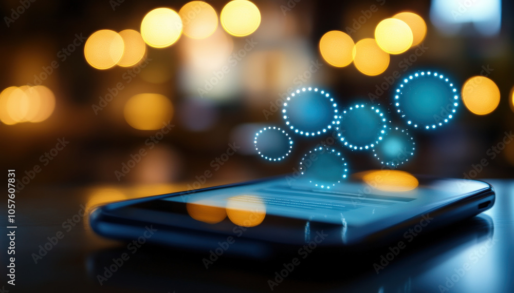 Aufkleber a smartphone illuminated by soft lights, with digital icons hovering above, symbolizing technology a