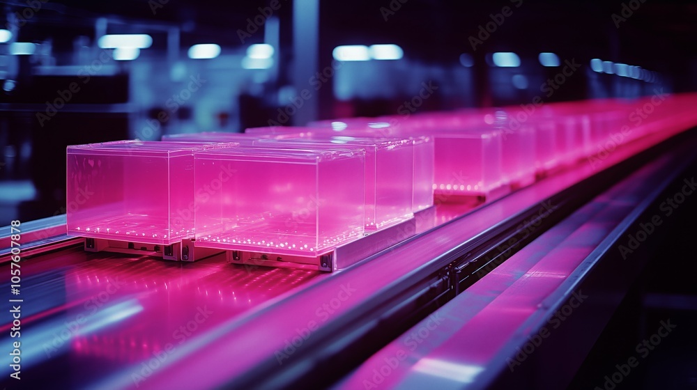 Poster transparent plastic boxes are being transported on an illuminated conveyor belt within a technologic