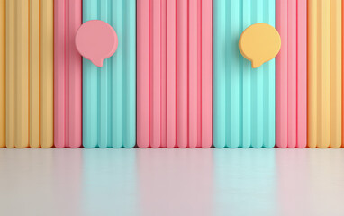 A vibrant backdrop featuring pastel-colored vertical stripes and two playful speech bubble decorations, evoking a lively, conversational atmosphere.
