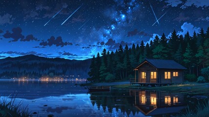 Obraz premium Milky Way Over Tranquil Lakeside Cabin anime wallpaper background, print, merch,