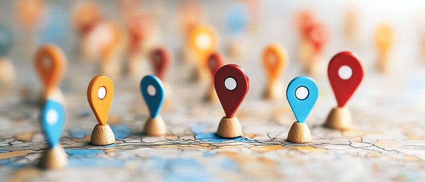 A vibrant array of location markers on a map, highlighting various destinations, suggesting travel, exploration, and navigation.