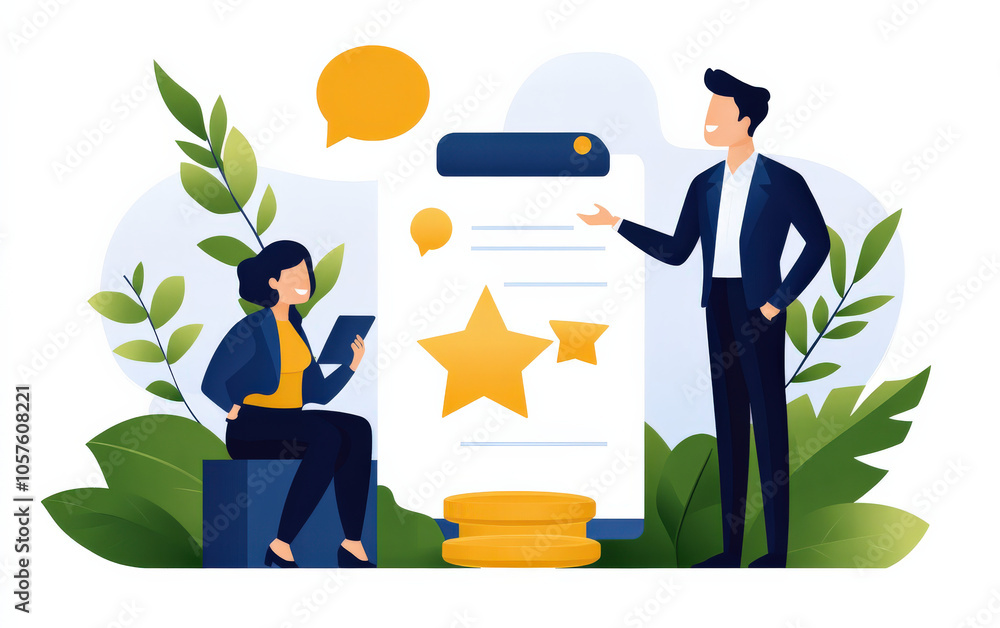 Poster a woman is using a phone while a man gestures towards a large feedback form, surrounded by greenery 