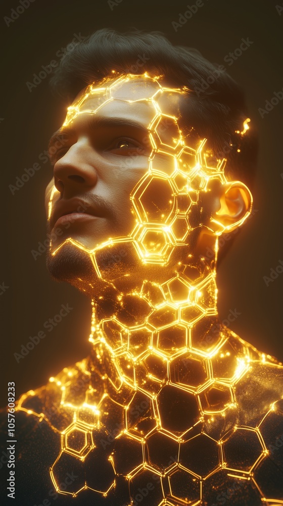 Poster man's face and upper body are bathed in the glow of a futuristic golden honeycomb grid of light, cre