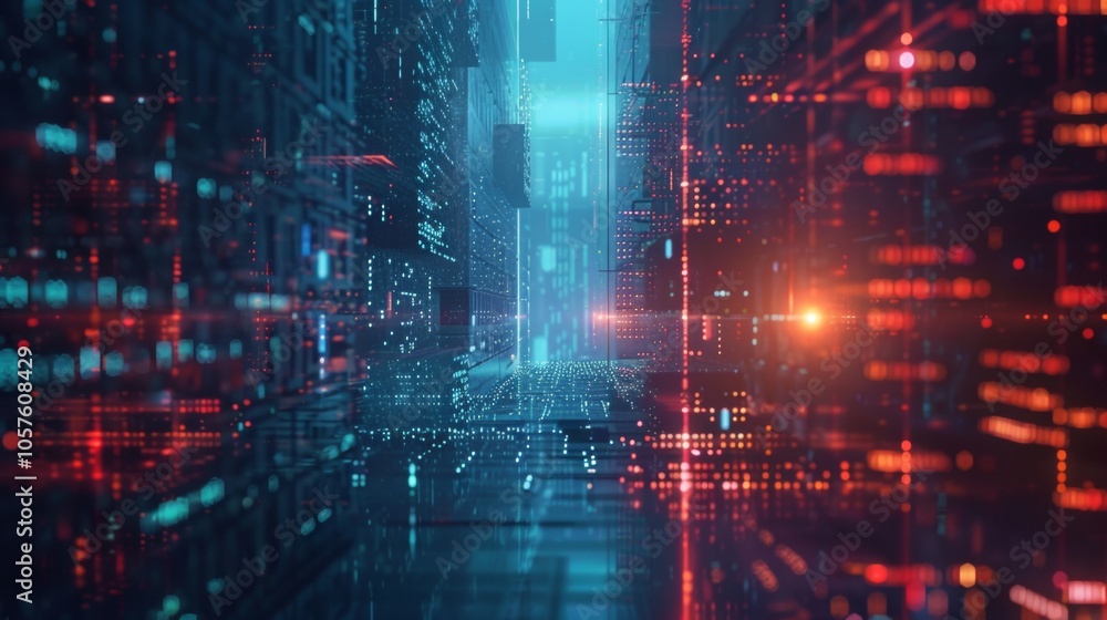 Poster digital data corridor with red and blue light patterns