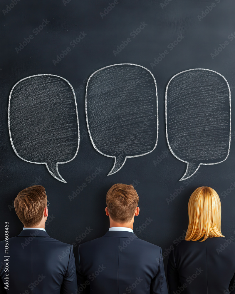 Poster Three professionals stand against a blackboard, where empty speech bubbles suggest potential dialogue or brainstorming.