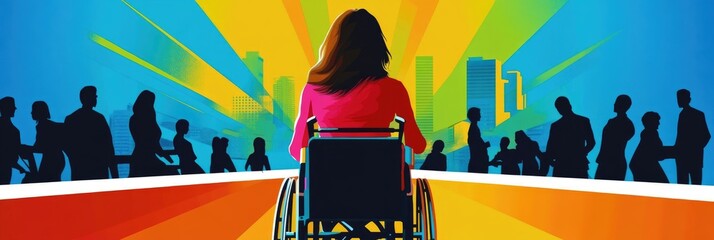 Business people silhouettes with woman in wheelchair, colorful illustration. DEIB - diversity, equity, inclusion and belonging in professional world and corporate career.