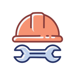 Hard hat wrench icon. Construction repair symbol.  Shows expertise and problem solving.