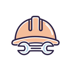 Hard hat repair service. Construction helmet with wrench signifies maintenance, fixing, and skillful solutions.  Represents expertise and problem-solving.