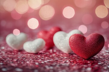 Red and white hearts adorned with glitter placed on confetti during a festive celebration at night