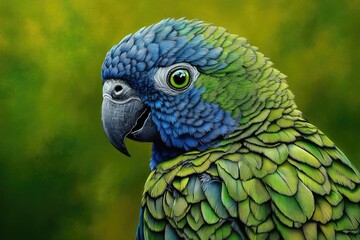Obraz premium Blue naped parrot portrait with green background. Also known as Luzon parrot.