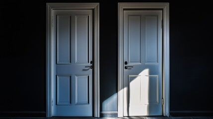 Sunlight illuminates one of two open white doors against a dark wall, representing opportunity, choice, decision, and the unknown future