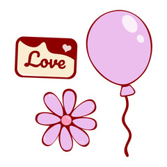 Celebration icons including love card, purple balloon, and flower, representing affection and romance. Perfect for Valentines day or love themed designs. Vector