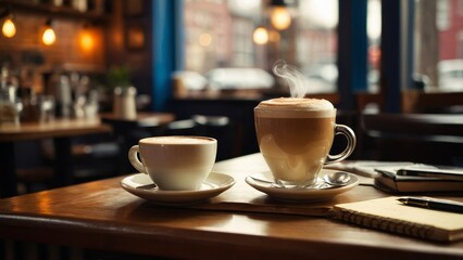 A cozy café buzzes with creativity as warm cappuccinos fuel focused minds. Open notebooks await fresh ideas, blending coffee culture with productive study sessions.