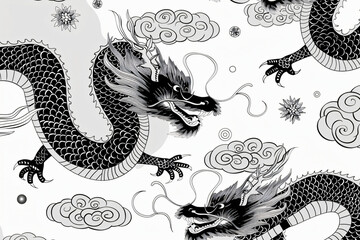 coloring page of Chinese dragon motif with cloud patterns and traditional symbols, flowing line work