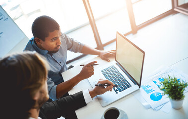 Discussion, ideas and business people at laptop screen for data analysis, market research and...