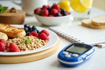 Healthy morning routine with whole grain breakfast, fresh berries, and medical check-up kit on a bright kitchen table.
