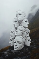 Fototapeta premium Many cracked white marble masks with different faces are stacked on a rock in a misty mountain landscape, creating a surreal and mysterious atmosphere