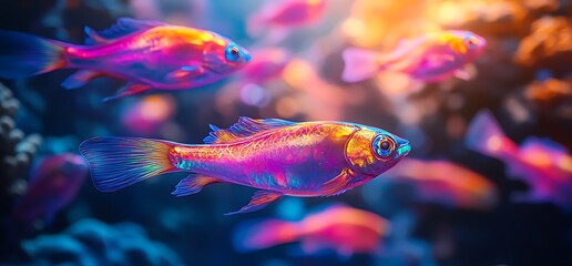 A vibrant school of fish with iridescent scales swim in a coral reef.