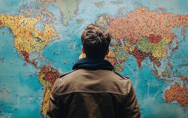 Obraz premium A person gazes at a colorful world map adorned with pins, symbolizing travel and exploration.
