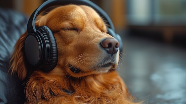 Serene golden retriever enjoys music through headphones, eyes closed in peaceful relaxation, showcasing the calming effect of sound on animals