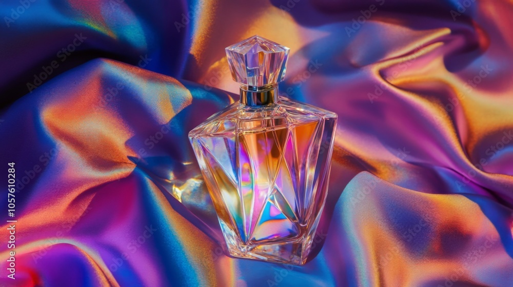 Poster elegant perfume bottle on colorful fabric display