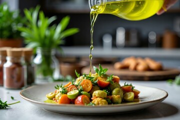 Fresh mediterranean salad with olive oil drizzle for healthy dining and culinary inspiration.
