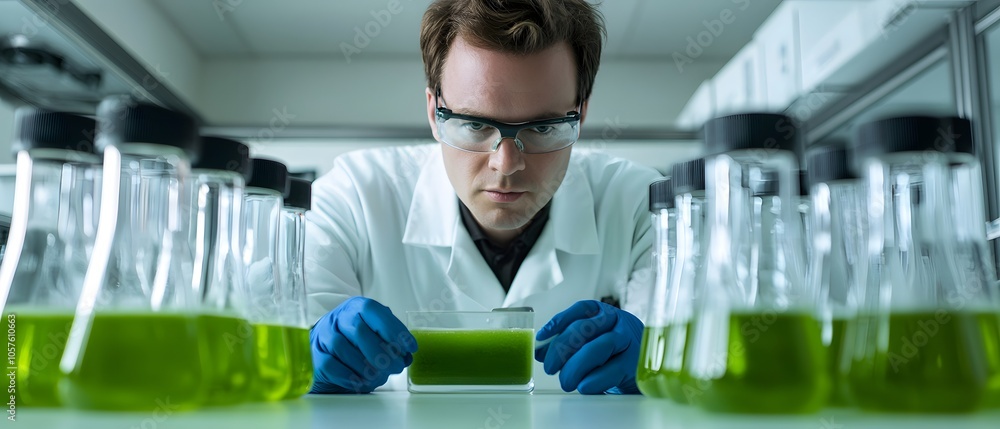 Poster scientist analyzing green liquid in laboratory setting