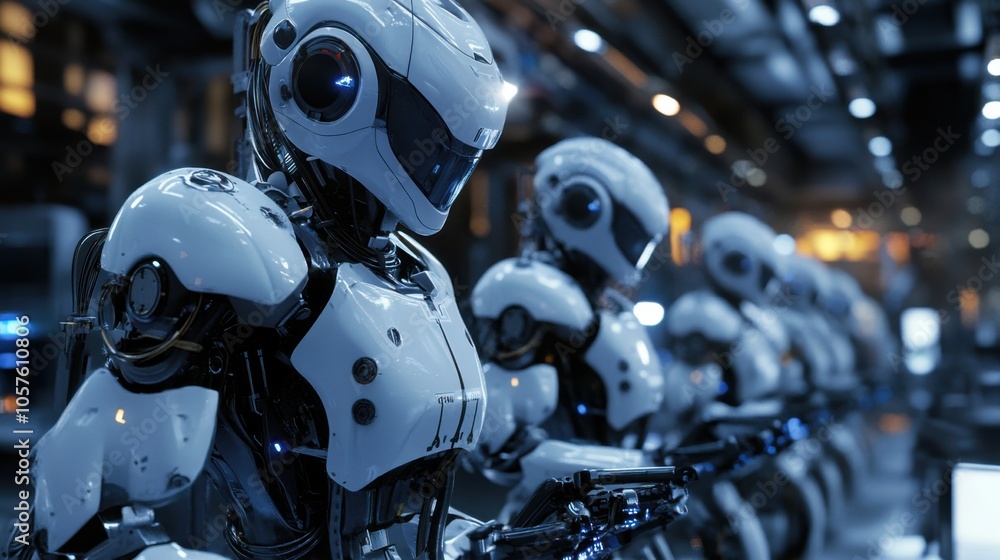 Poster industrial robots assembling parts on a high-tech factory line