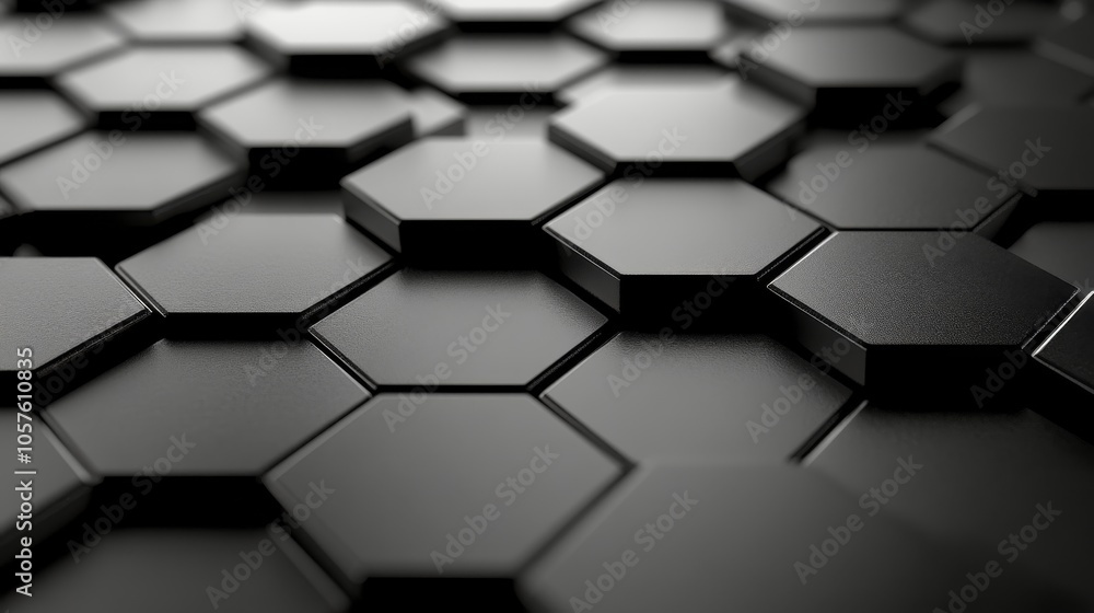 Poster close up view of black hexagonal tiles arranged on a surface in a modern design concept