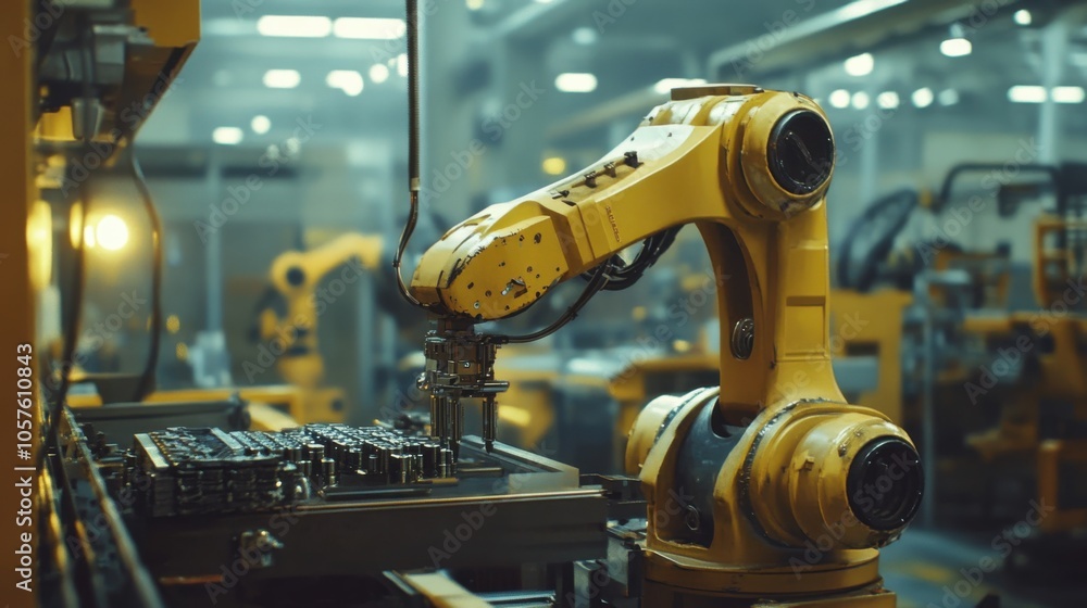 Poster industrial robots assembling parts on a high-tech factory line