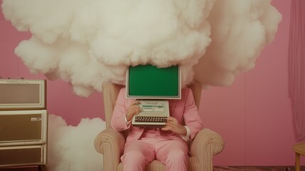 Businessman in a pink suit sits in an armchair, using a vintage computer with a green screen monitor replacing his head, surrounded by a large cloud in a pink room with vintage furniture - Powered by Adobe