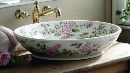 Elegant floral sink design in a cozy bathroom setting with natural light and vintage decor elements