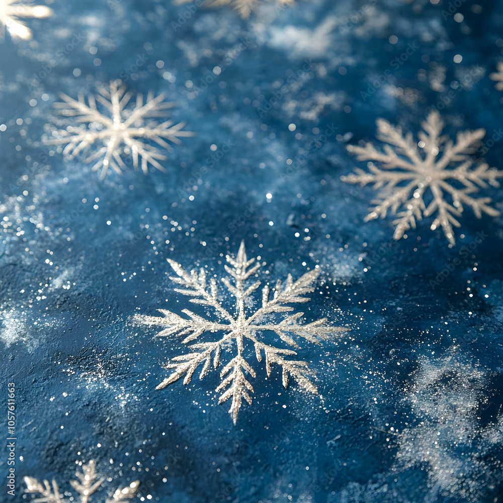 Poster frosted blue background featuring intricate snowflake patterns in a winter wonderland setting