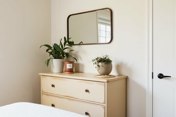 Cozy bedroom with minimalist decor featuring potted plants and wooden dresser for elegant home interiors.