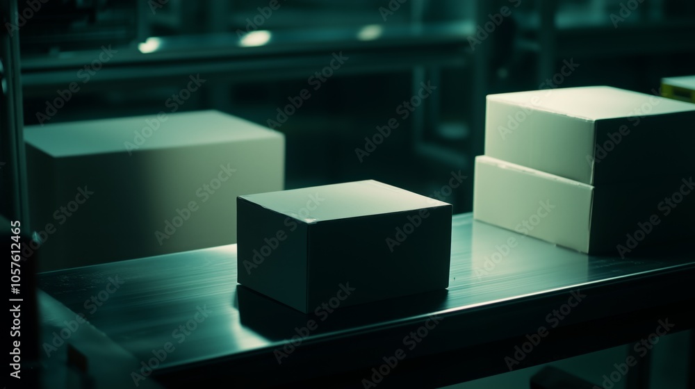 Poster cardboard boxes are moving on a conveyor belt inside a modern factory, representing automated packag