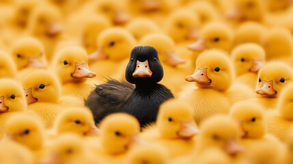 Single black duckling stands out in a large group of fluffy yellow ducklings, creating a striking visual contrast and symbolizing individuality and uniqueness
