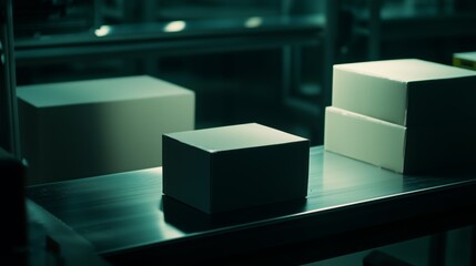 Cardboard boxes are moving on a conveyor belt inside a modern factory, representing automated packaging and distribution processes