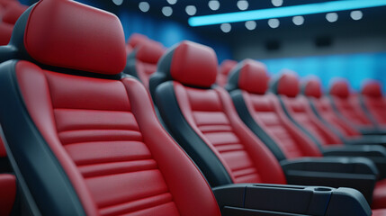 Fototapeta premium Rows of classic red theater seats in dimly lit cinema, inviting comfort