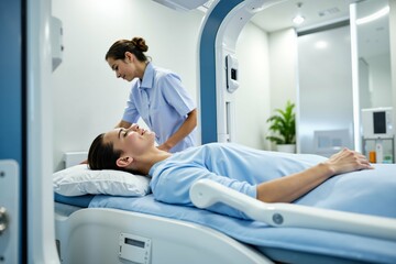 Obraz premium Medical imaging procedure with patient in mri scanner and healthcare professional assistance.