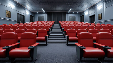 Naklejka premium Rows of classic red theater seats in dimly lit auditorium, evoking nostalgia