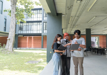 Three university students are working together on a project, using a laptop and sharing ideas in a collaborative outdoor space on campus